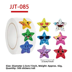 Close-up of 1-inch holographic star stickers showing laser shine and various facial expressions