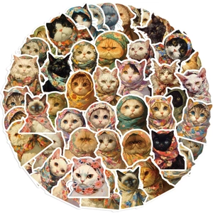 Pack de 50 pegatinas impermeables de gatos lindos con pañuelos de cabeza babushka de flores