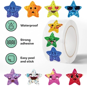 500pcs colorful laser star stickers roll with emoji faces for reward and decoration