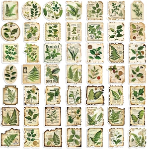 Set of 50 vintage botanical label stickers with green ferns and herbs for DIY laptop decor