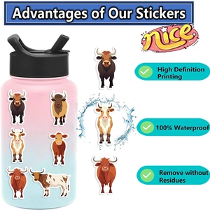 Waterproof cow cartoon stickers applied to a water bottle showing high definition printing