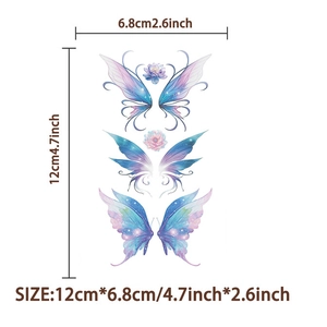 Waterproof butterfly wing tattoo stickers with floral patterns in blue and purple, 12x6.8cm