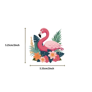 Close-up of waterproof flamingo sticker with palm leaves and floral pattern, 5x5 cm size