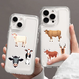 Detail showing transparent phone case with colorful cartoon cow pattern illustrations