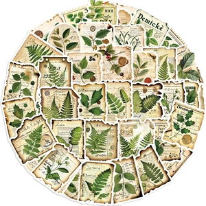 Pack of 50 vintage botanical waterproof stickers with burnt edge effect for DIY decor