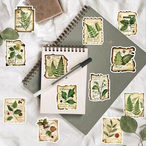 Detailed view of 12 vintage botanical stickers with ferns and leaves on a desktop setup
