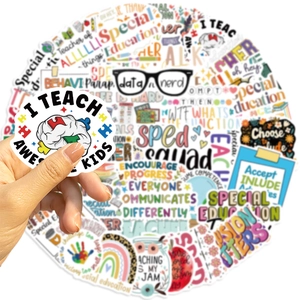 Close-up of waterproof SPED teacher stickers for laptops with inclusive education slogans