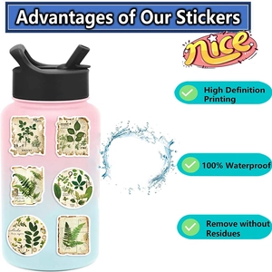Detail showing waterproof vintage botanical stickers applied on a reusable water bottle