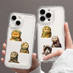 Vista detallada de fundas transparentes para iPhone con pegatinas de gatos con pañuelos