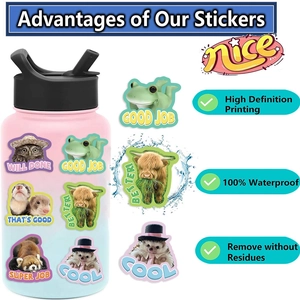 Detailed infographic showing HD printing and waterproof animal teacher reward stickers