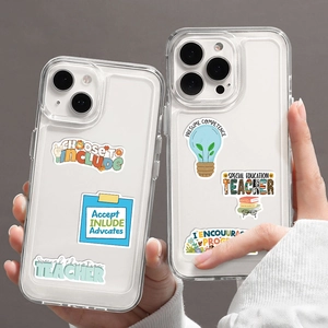 Detail of transparent iPhone cases with special education teacher theme stickers