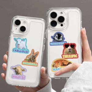 Clear iPhone case with cute animal cartoon stickers featuring goat, rabbit, and penguin designs