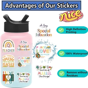 Detail showing waterproof cartoon education stickers on a bottle with HD printing features