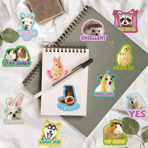 Set of 50 animal reward stickers for students featuring encouraging English text