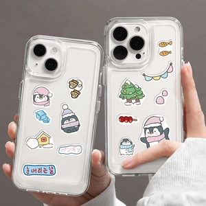 DIY cartoon penguin stickers on transparent phone cases for iPhone winter theme
