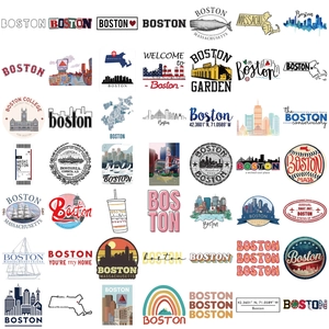 Set of 50 Boston graffiti stickers for laptop and guitar featuring city landmarks