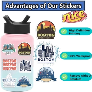 Detail of waterproof Boston city stickers showing HD printing on a blue water bottle