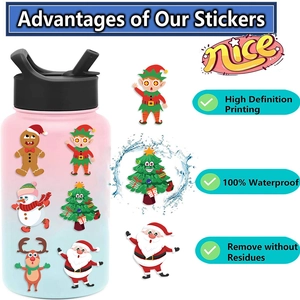 Waterproof Christmas snowman stickers on a blue water bottle showing HD print quality