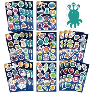 Detailed sheet of waterproof cartoon space stickers with astronauts and aliens