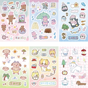 Detail of 6-pack cartoon animal stickers with themes like bakery, beach and winter scenes