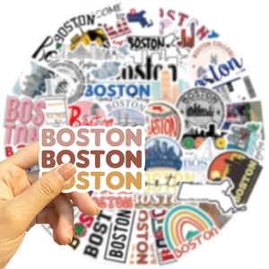 Macro detail of Boston city stickers on guitar, waterproof vinyl decals with city skyline