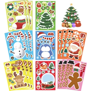 Detailed view of 8 DIY Christmas sticker sheets with snowmen and reindeer for crafts