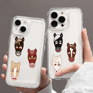 Detailed view of clear phone case with funny cartoon horse head prints for iPhone models