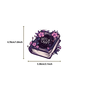 Detailed view of witch craft sticker with purple book and floral patterns, size 2.1 inch