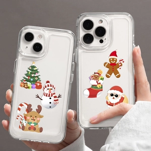 Transparent iPhone cases featuring cartoon snowman and Santa Claus Christmas graphics