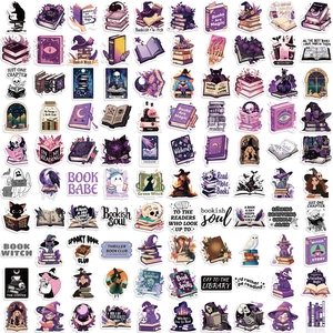 100pcs witchy and bookish stickers set with black cat and magic designs for laptops