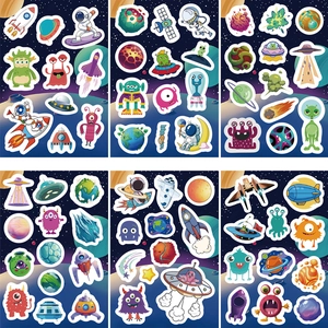 Macro detail of six different cartoon astronaut and planet DIY waterproof stickers