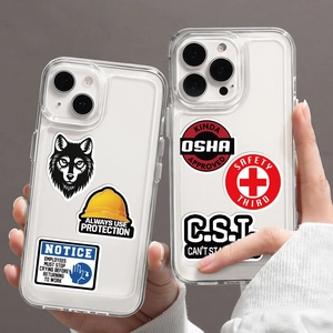 Detailansicht transparenter iPhone-Hüllen mit lustigen Sicherheitsaufklebern und Symbolen