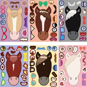 DIY cartoon horse head stickers set with colorful facial features and accessories for kids