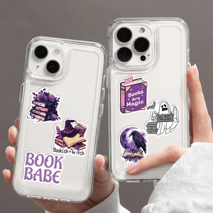 Detail of transparent phone cases with witch and bookish theme waterproof vinyl stickers