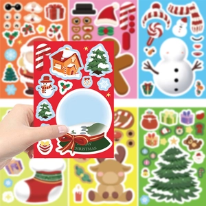 Detail of DIY Christmas stickers featuring Santa, snowmen, and festive decorations for crafts