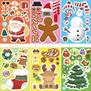 DIY Christmas stickers set featuring cartoon Santa, snowmen and reindeer for scrapbooking