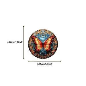 Waterproof PET sticker featuring a colorful butterfly in stained glass style with dimensions