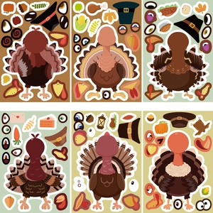 Détail de 6 planches d'autocollants de dinde de Thanksgiving DIY avec visages et accessoires