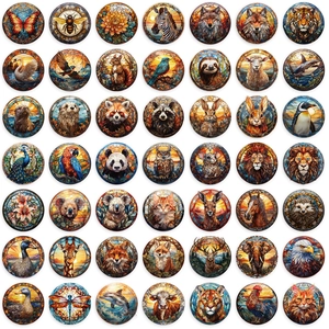 Detailed array of 49 stained glass animal stickers with vibrant colors and retro patterns