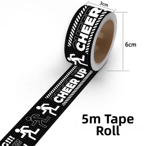 Detail of 3cm black waterproof tape with white Cheer Up text and athlete icon