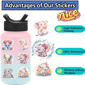 Waterproof cartoon elephant stickers shown on a water bottle with HD printing quality