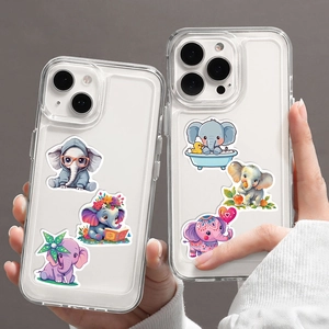 Detail of transparent phone case with cute cartoon elephant patterns and glossy finish