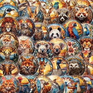 Stained glass style animal stickers set for laptop, including lion, panda, and fox patterns
