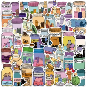 Dessin Animé Chat Bouteille Médicament Autocollants Anti Dépresseur Imperméable Vinyle Décalcomanies Pour Ordinateur Bagages