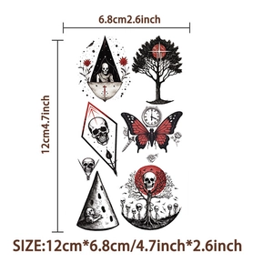 Dark gothic temporary skull tattoos featuring black sketch designs and red accents