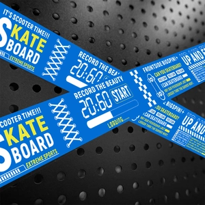 Detail of blue waterproof skateboard tape featuring extreme sports and camera UI patterns