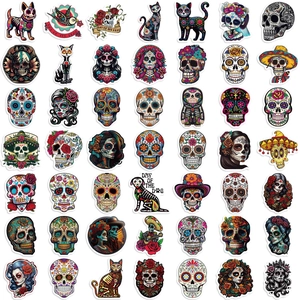 Set of 50 waterproof Mexican Day of the Dead sugar skull stickers for laptops and guitars