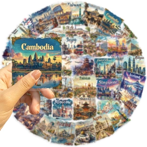 Detailopname van waterdichte reisstickers met illustratie van Angkor Wat uit Cambodja