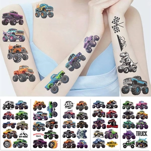 Détail montrant cinq planches de tatouages éphémères de monster truck et dinosaure enfant