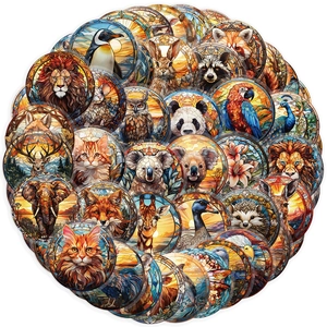 Detailed macro view of animal stickers in a colorful stained glass mosaic art design